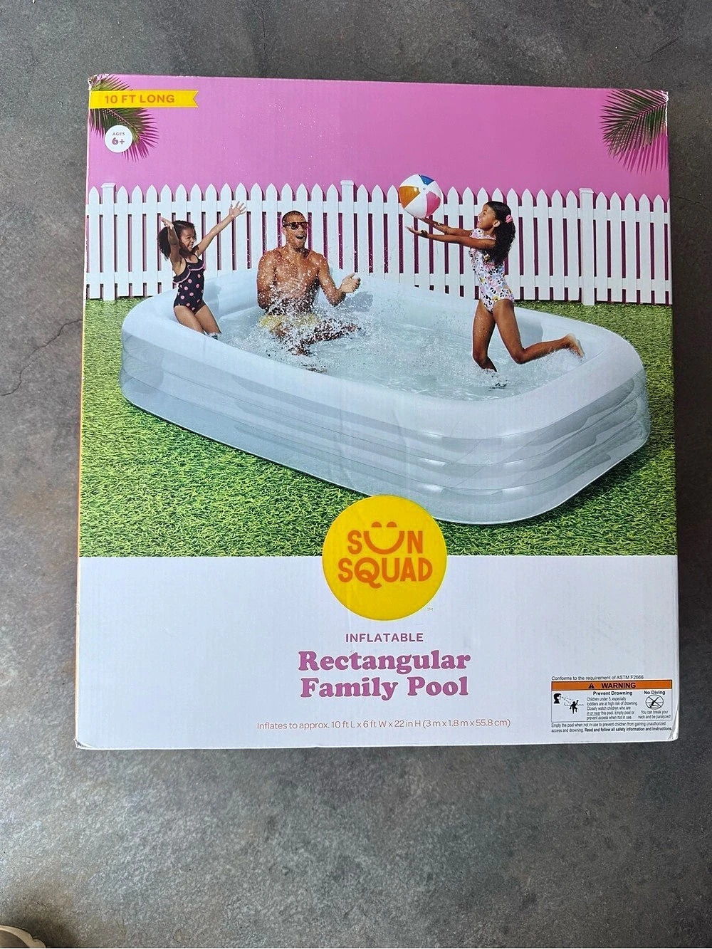 Sun Squad Rectangular Family Pool Inflatable Pool Blue & Pink NWT
